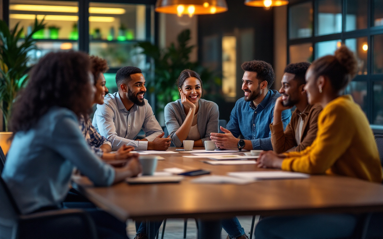 Un groupe diversifié de personnes discutant des stratégies d'investissement autour d'une table de conférence moderne, avec un éclairage ambiant chaleureux qui crée une atmosphère professionnelle et accueillante.