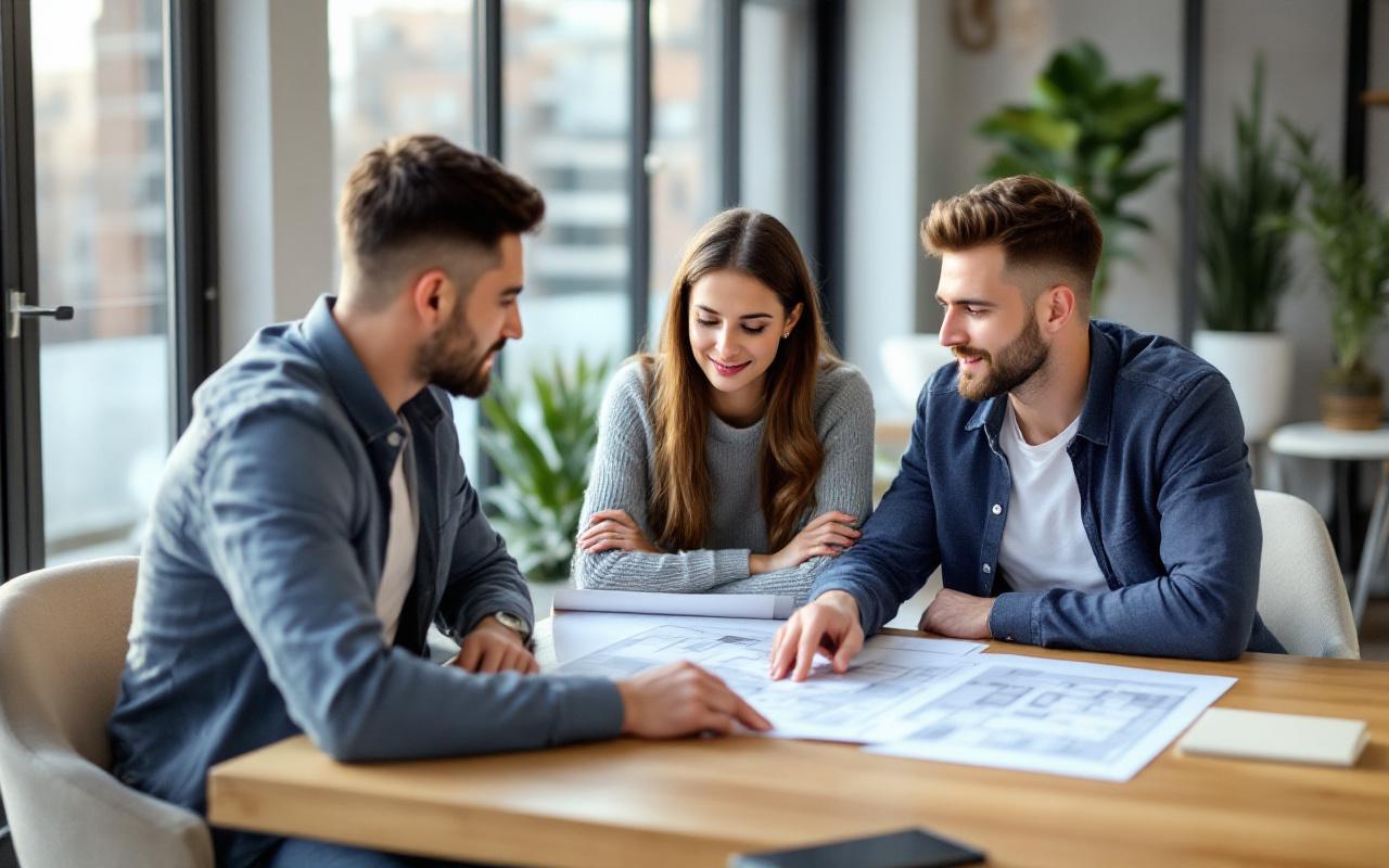 Agent immobilier montre des plans d'appartement à un jeune couple dans un bureau moderne lumineux, grandes fenêtres avec vue sur la ville, lumière volumétrique douce, ambiance professionnelle et détendue.