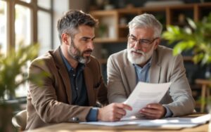 Conseiller en assurance sante expliquant la protection du revenu a un client dans un bureau moderne, montrant des documents et une tablette, lumiere naturelle chaude et volumetrique, client attentif