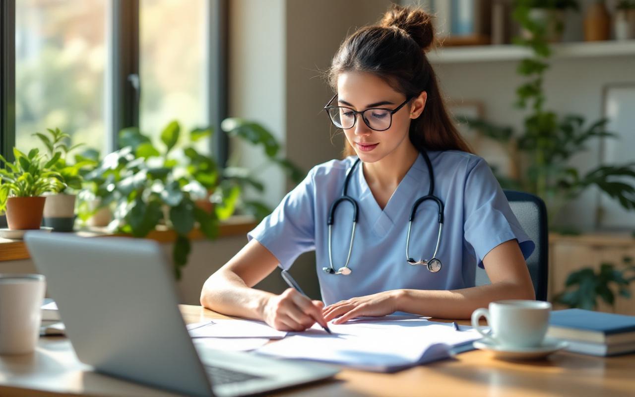 Infirmière indépendante assise à son bureau à domicile, examinant des documents d'assurance et des formulaires, ordinateur portable ouvert, tasse de café et lunettes sur la table, plantes et étagères en arrière-plan, lumière matinale douce filtrant par la fenêtre, expression concentrée.