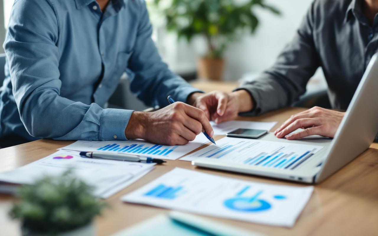 Un conseiller financier et un client examinent des graphiques de simulation fiscale affichés sur un ordinateur portable et des documents imprimés, assis autour d'un bureau moderne, lumière naturelle douce, ambiance professionnelle et concentrée.