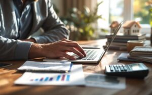 Investisseur assis à une table consultant un ordinateur portable affichant un tableau de flux de trésorerie d'un bien locatif, avec feuilles, calculatrice et photos de propriété sur la table, lumière naturelle entrant par la fenêtre.