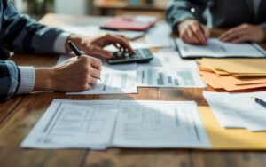 Budget familial sur une table avec des factures de santé, une calculatrice et des documents de mutuelle bien rangés.