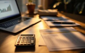 Tableau de budget familial avec calculatrice, factures et ordinateur posés sur une table lumineuse, dans un bureau à la lumière naturelle.