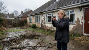 Une femme photographie les dégâts extérieurs d’une maison individuelle touchée par une inondation, dans une ambiance réaliste et documentaire.