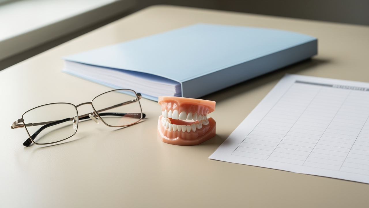 Composition sobre présentant des lunettes, une prothèse dentaire, un dossier hospitalier vierge et un tableau budgétaire sans inscription pour illustrer la comparaison de garanties santé.