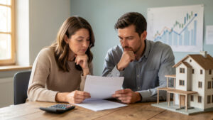 Un couple examine ensemble des documents de prêt immobilier autour d’une table, avec un graphique financier discret et flou en arrière-plan.