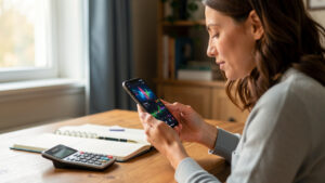 Une femme examinant un smartphone aux visuels financiers abstraits, avec un carnet de budget ouvert et une calculatrice sur une table en bois.