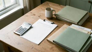 Table de cuisine éclairée par la lumière du matin, avec des documents financiers vierges, une calculatrice, des enveloppes budgétaires non marquées et des dossiers soigneusement classés.